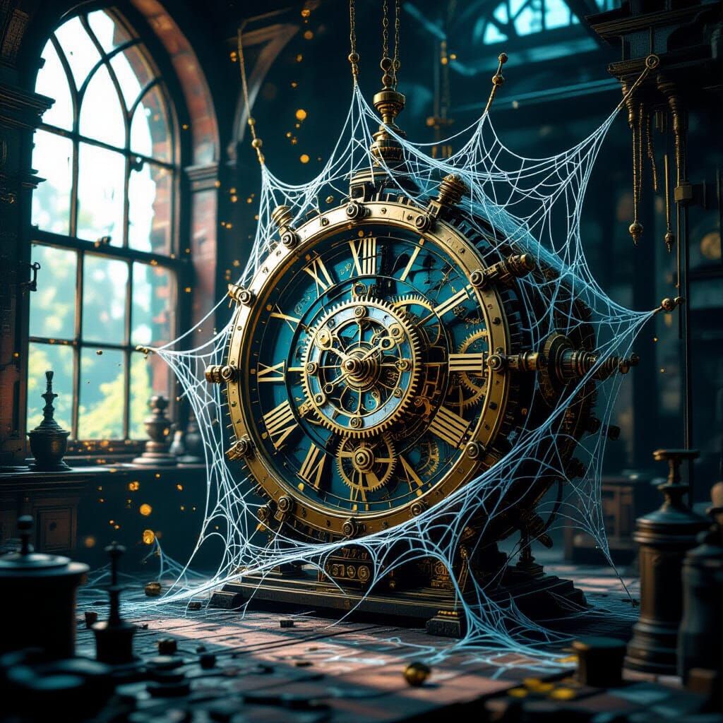 Victorian Clockwork Overgrown with Bioluminescent Webs
