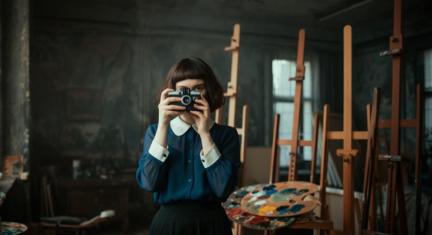 Young Artist in 1970s Studio with Cinematic Flair