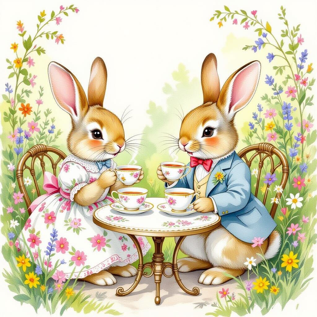 Bunnies Tea Party in Watercolor Style