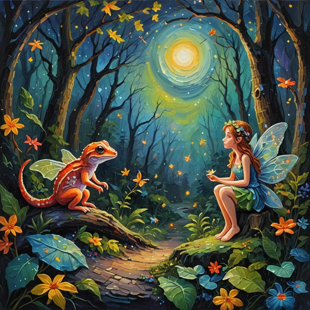 Fairy and Gecko Conversation: Vivid Impasto Oil Painting