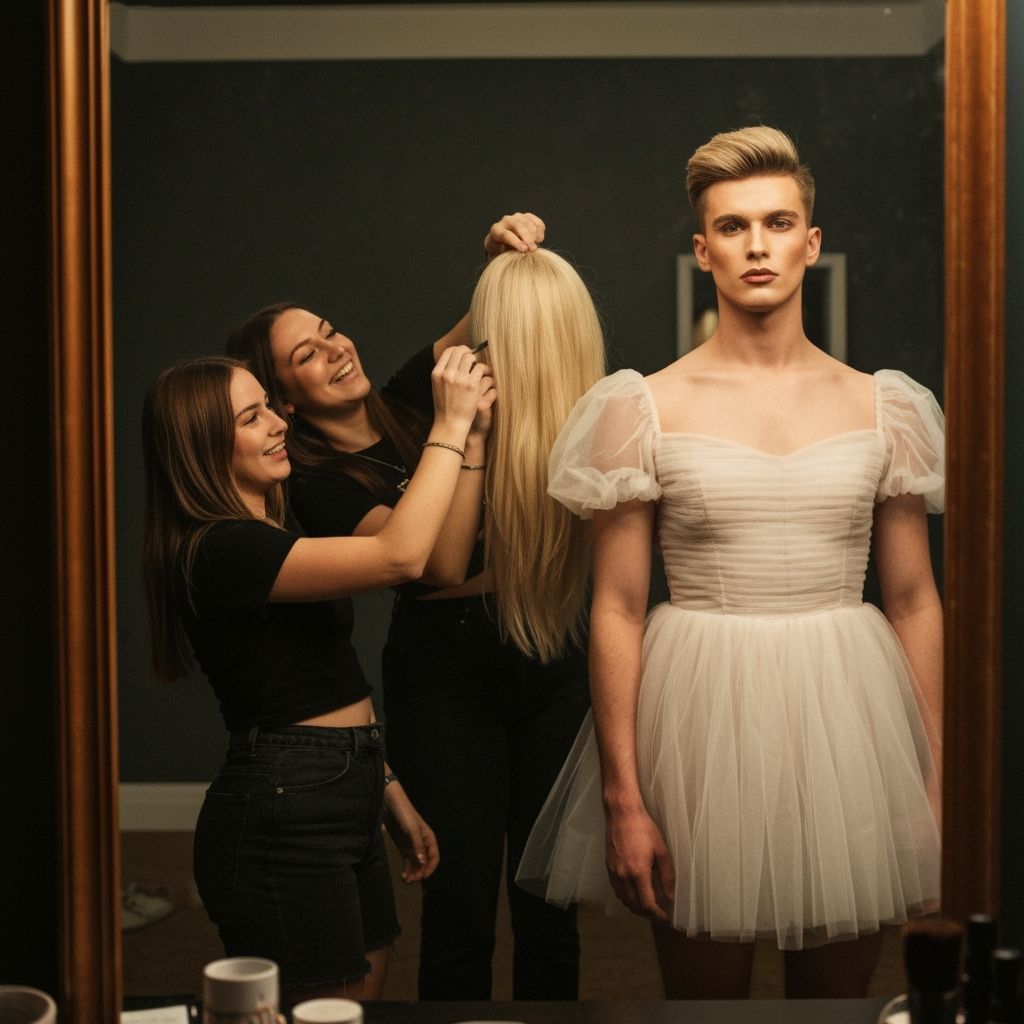 Handsome Guy Crossdressing in Prom Dress, Getting Ready