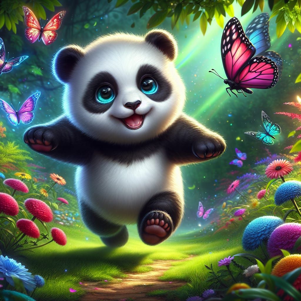 Joyful Panda Cub in Fantasy Garden: Matte Painting