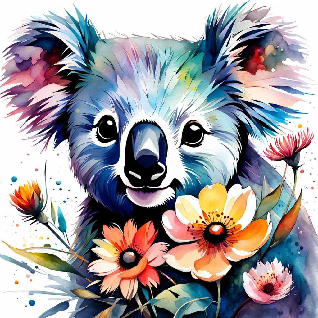 Cute Koala in Flowery Summerscape: Watercolor Illustration