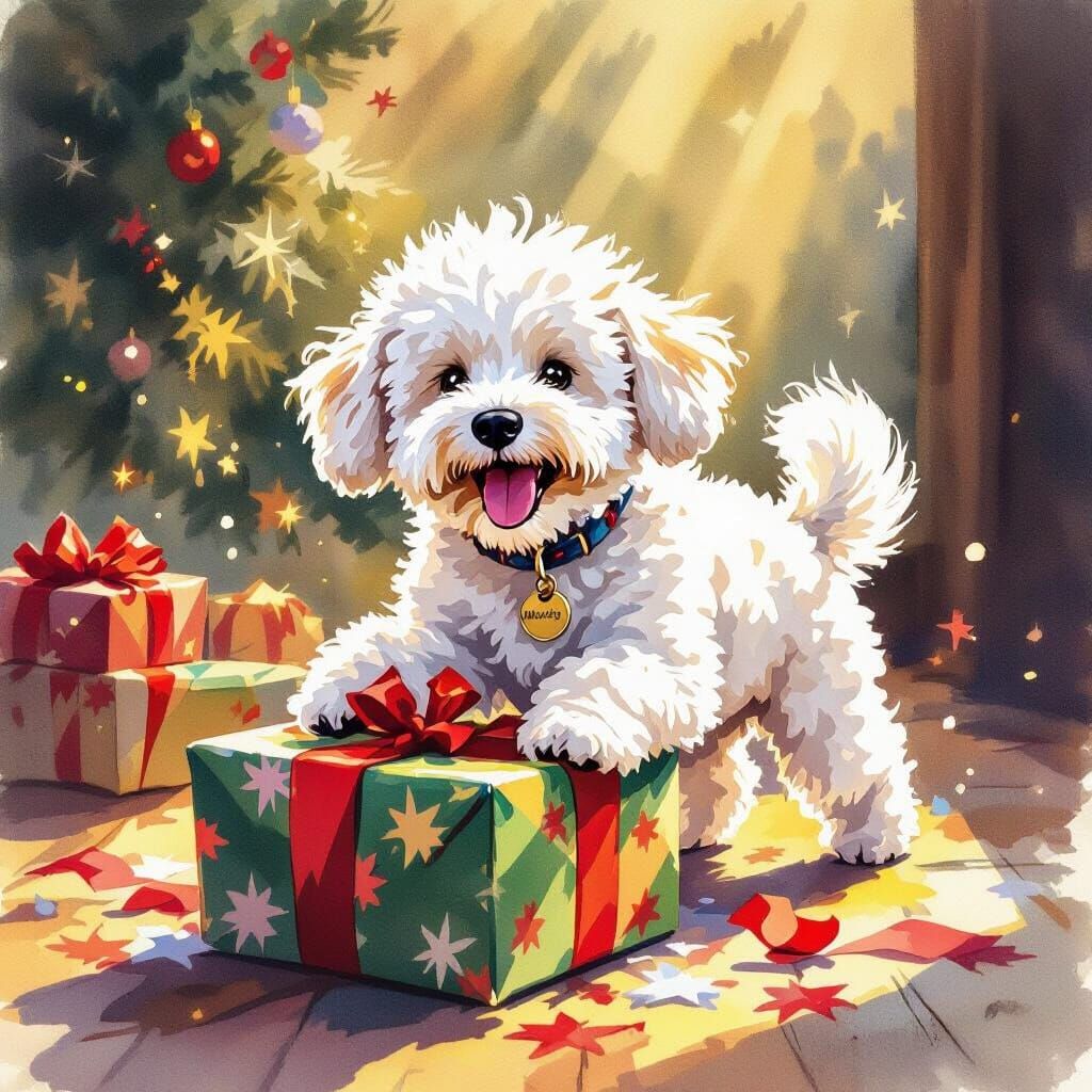 Fluffy Dog Woody Opens Christmas Present in Watercolor Style