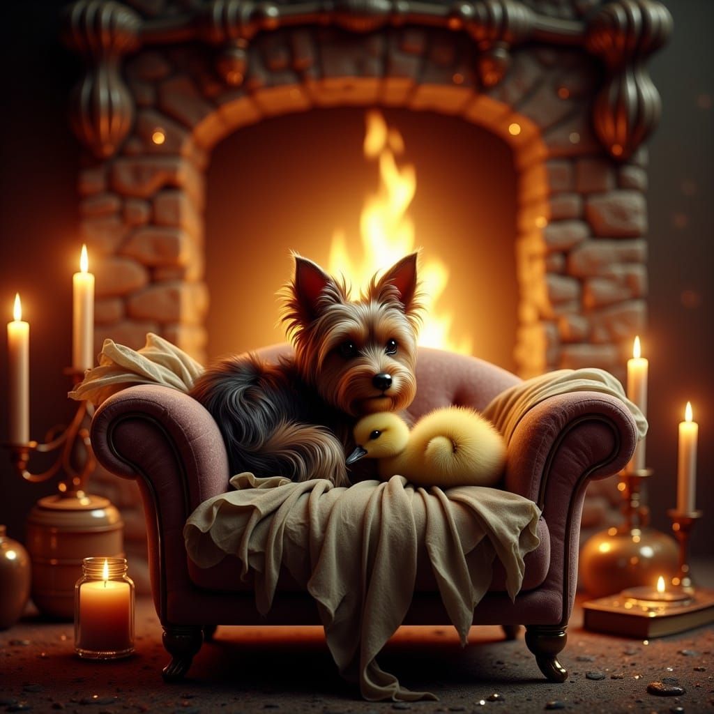 Puppy and Duckling Cuddle in Art Nouveau Style