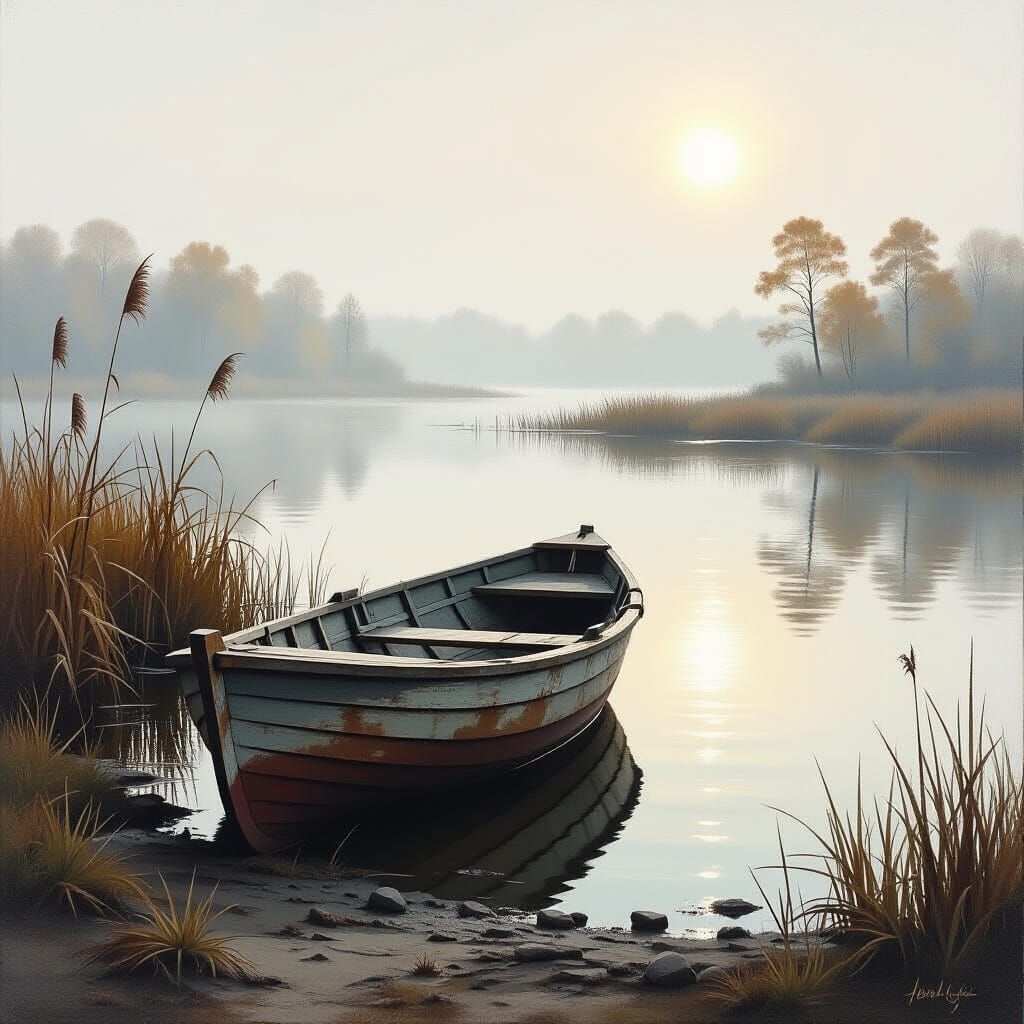 Weathered Rowboat on Autumn Pond Bank
