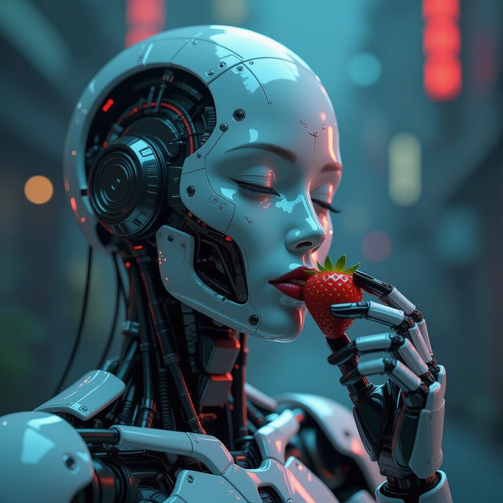 AI Eating Strawberry with Intricate Circuits in Neon Style
