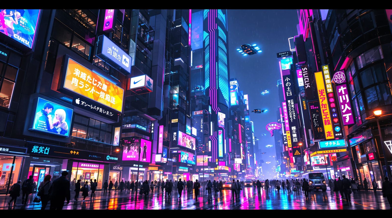 Futuristic Neon City Street at Night with Flying Cars