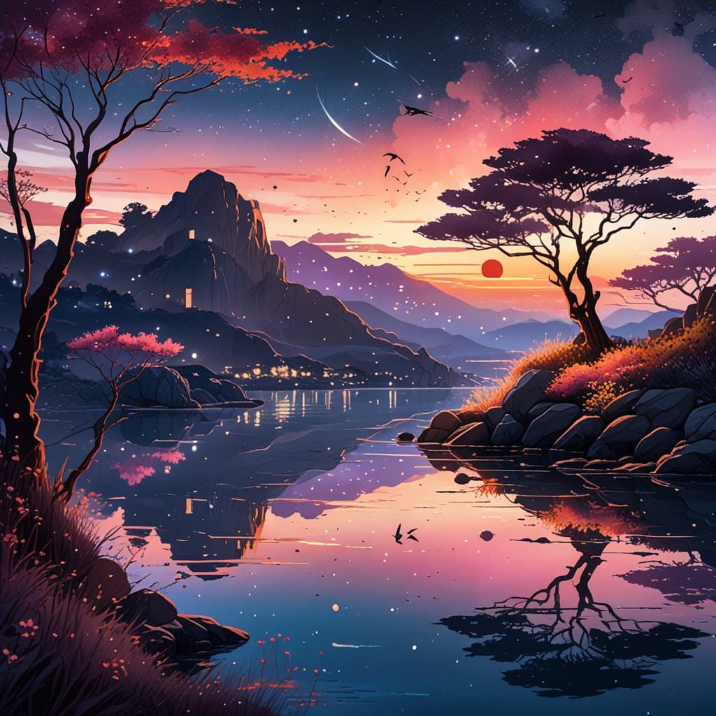 Dreamy Twilight Harbor in Watercolor Style