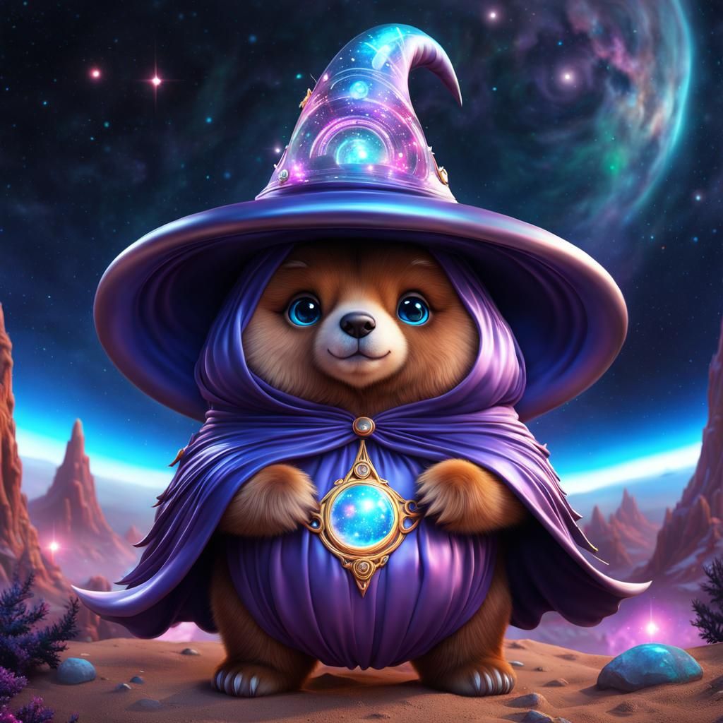 Chibi Bear Witch in Space, Detailed Digital Art