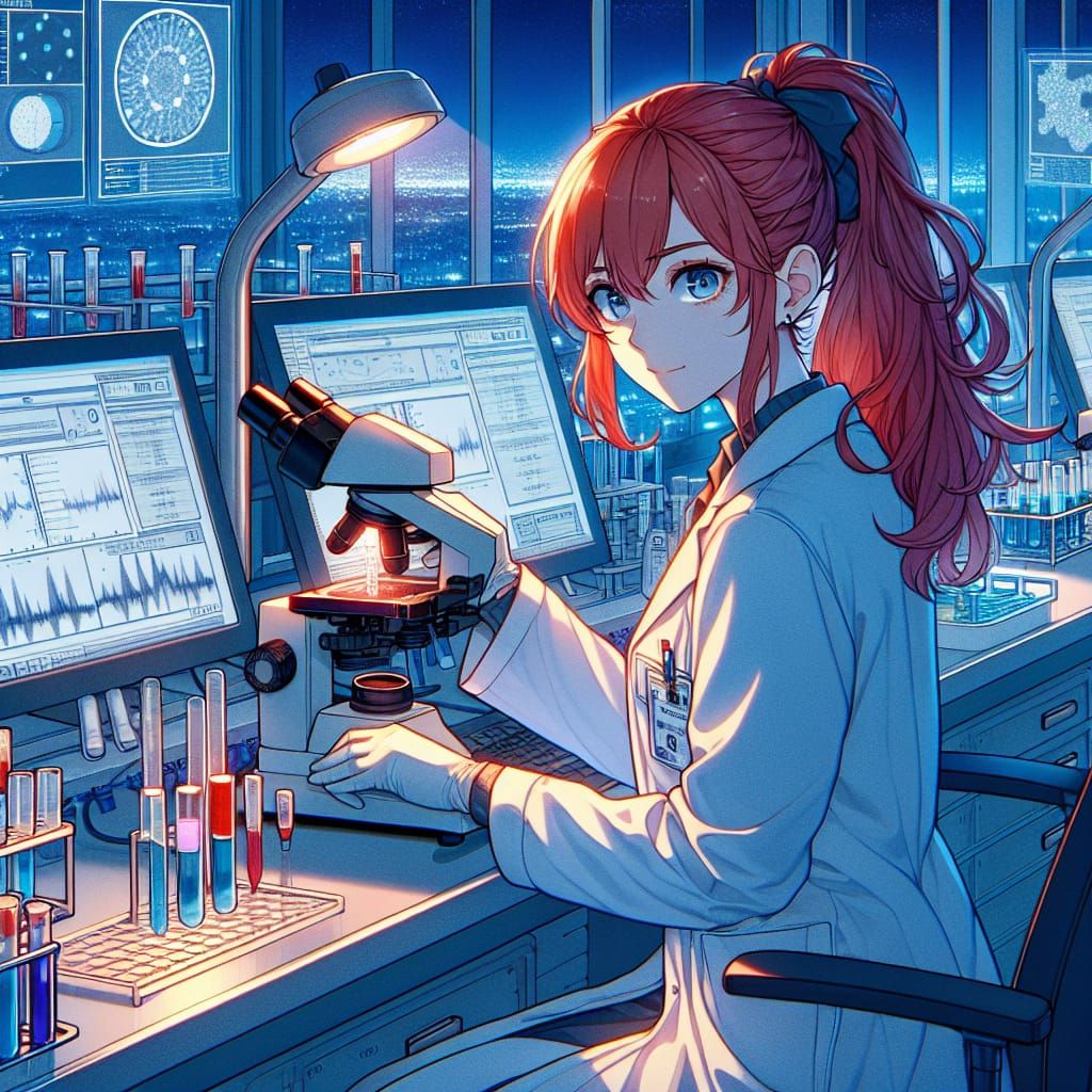 Red-Haired Chemist in Lab: Cel-Shaded Anime Wallpaper