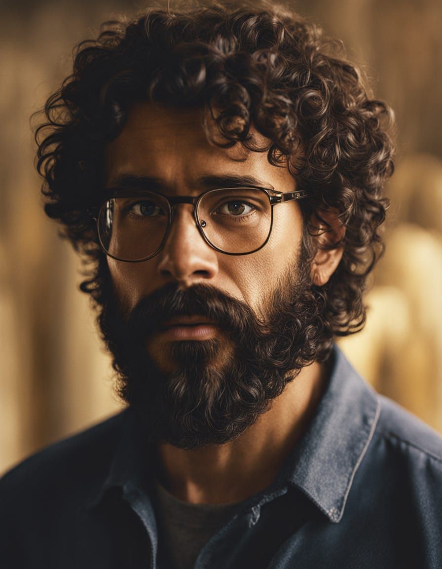 Bearded Man with Curly Hair in Golden Hour