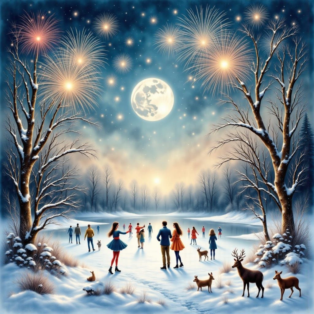 New Year's Eve Celebration on Frozen Pond with Fireworks