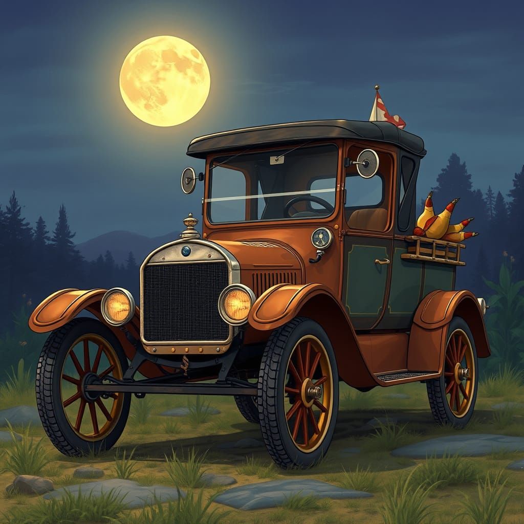 Moonlit Model T Ford with Decorative Accents