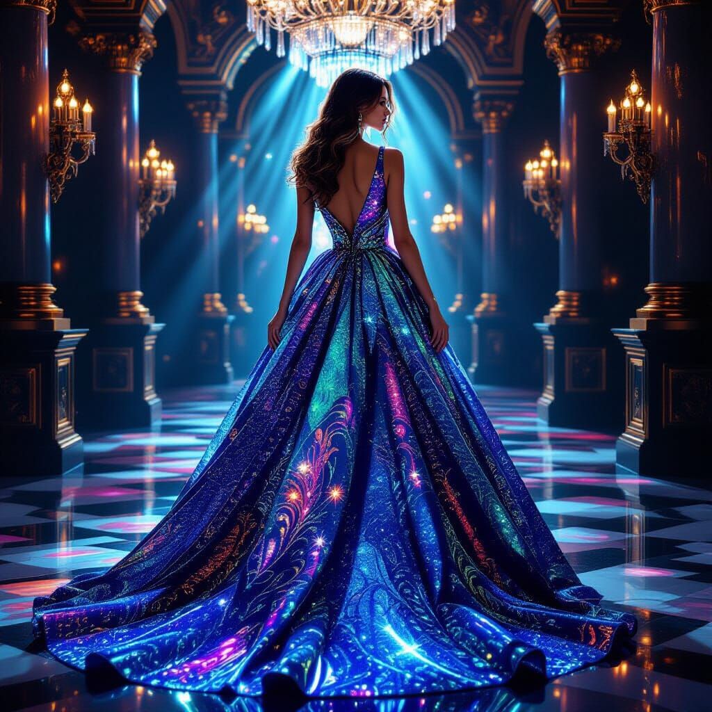 Woman in Luminous Shimmering Dress in Ballroom