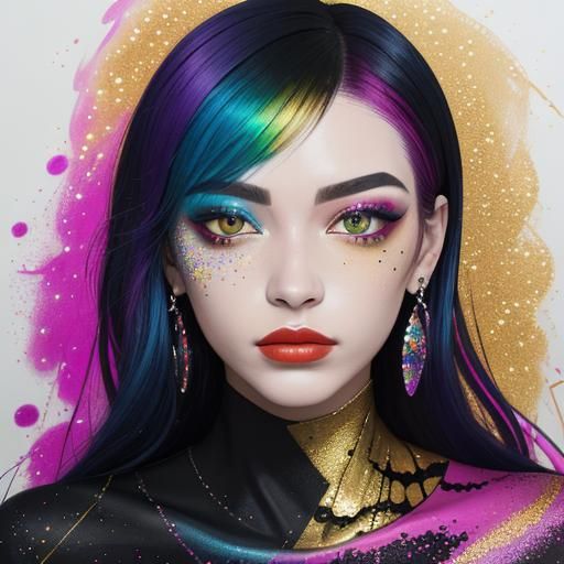 Abstract Ink Portrait of Young Woman with Glitter