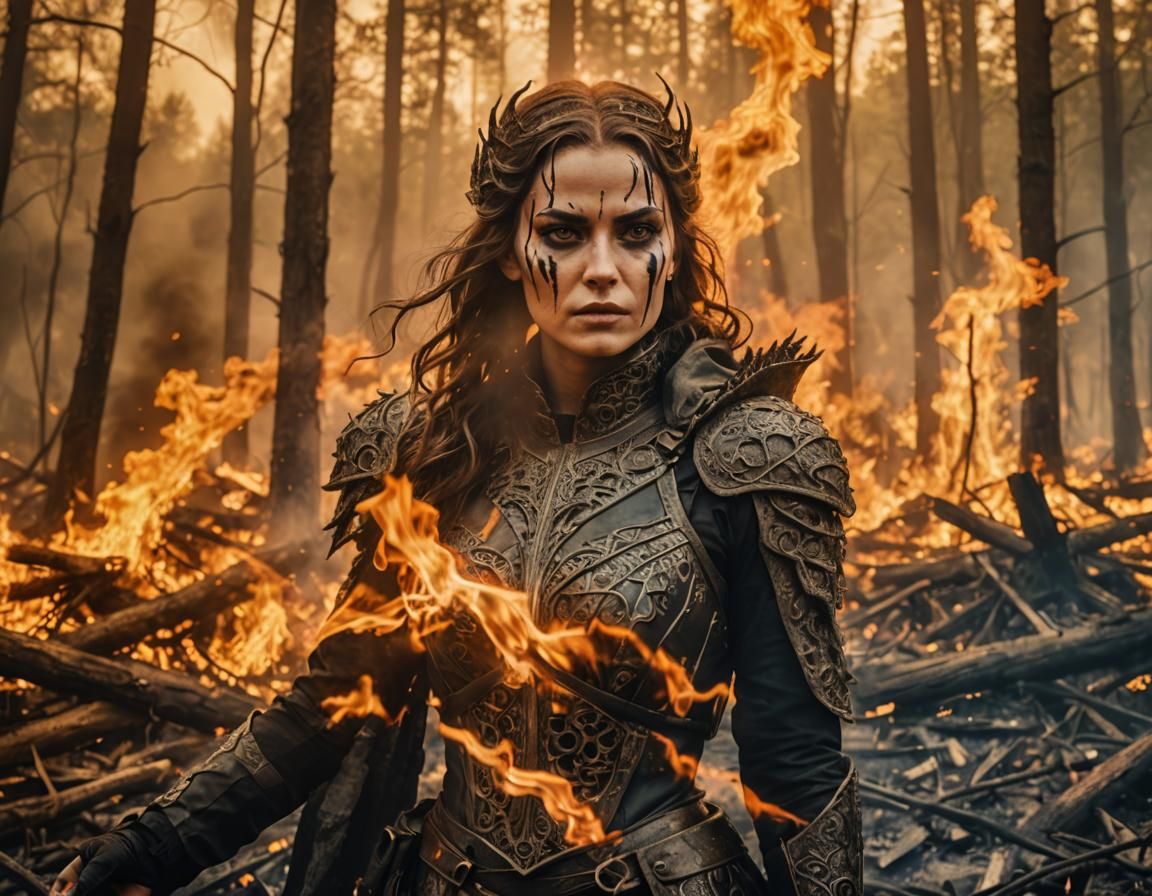 Female Villain in Forest Fire: Hyperrealistic HDR