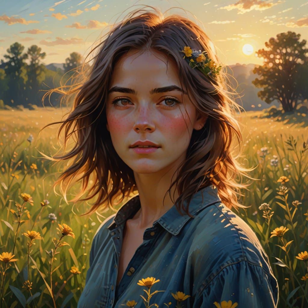 Woman in Wildflower Field: Impressionist Digital Art