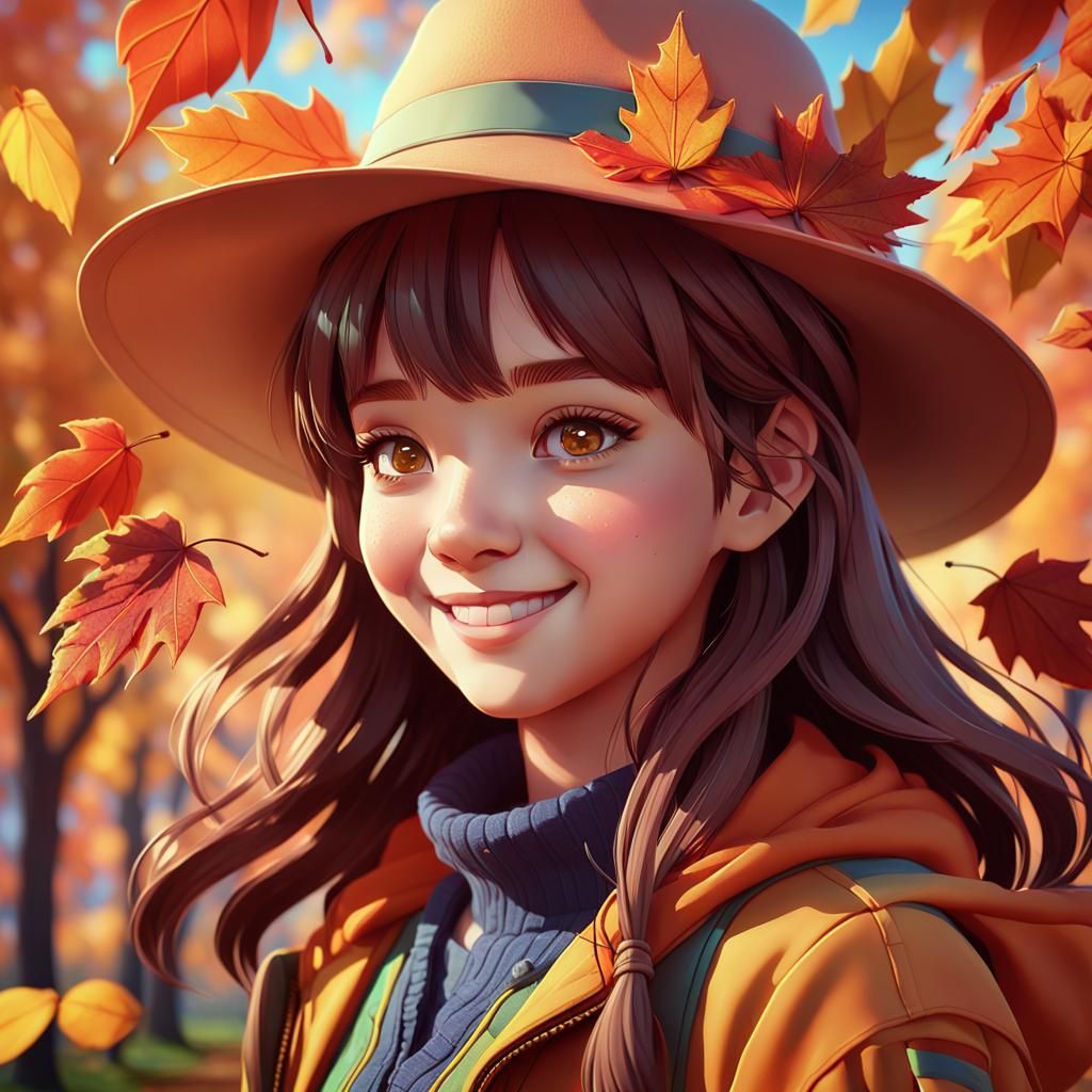 Anime Girl Portrait Made of Autumn Leaves