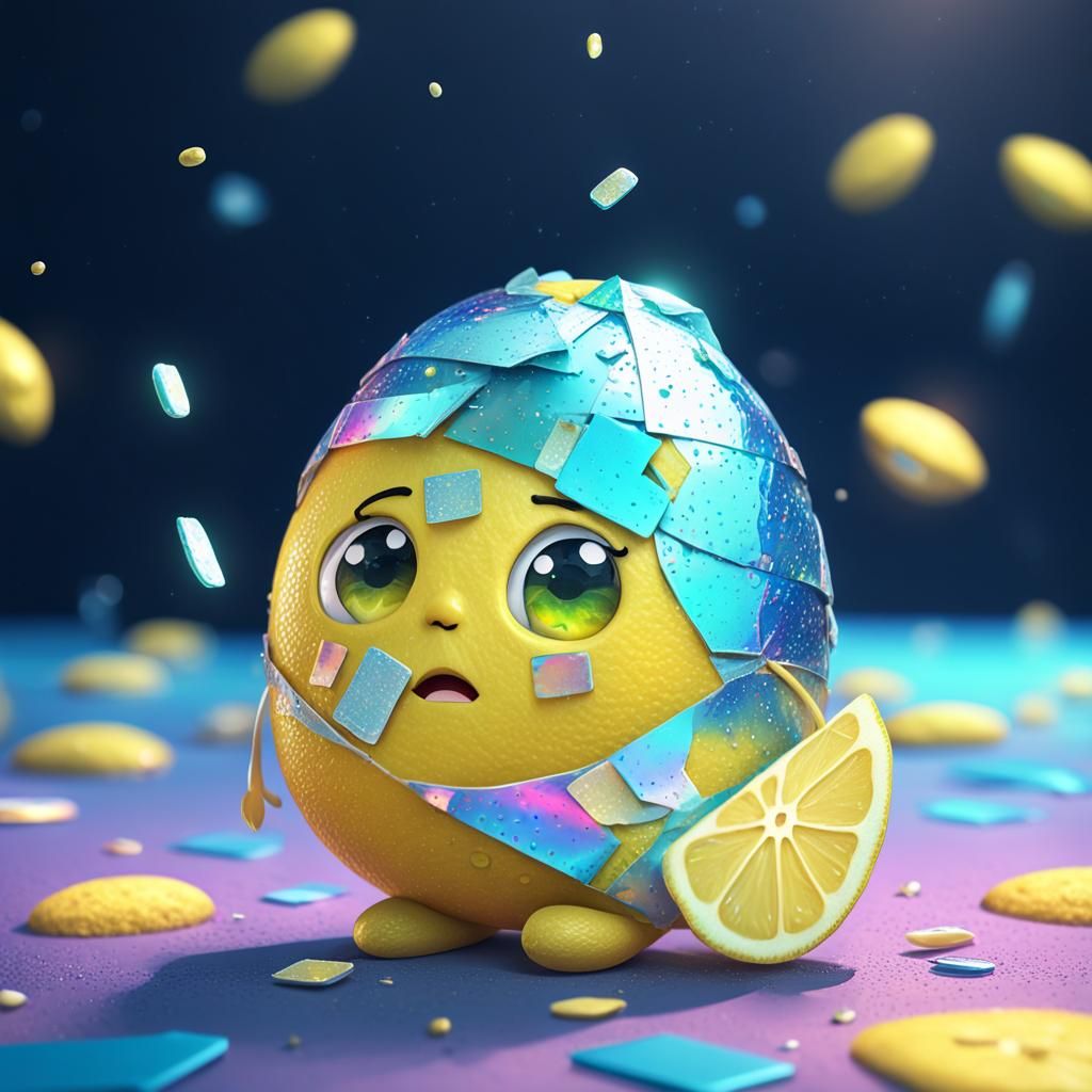 Sad Lemon with Band-Aid: Holographic Astral Illustration