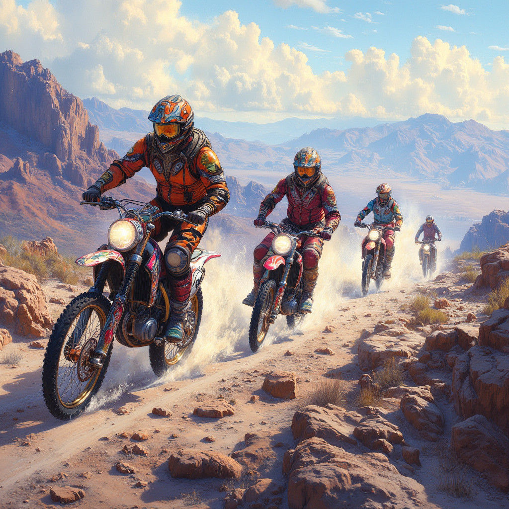 Dirt Bikes Racing Through Rocky Terrain in Digital Painting
