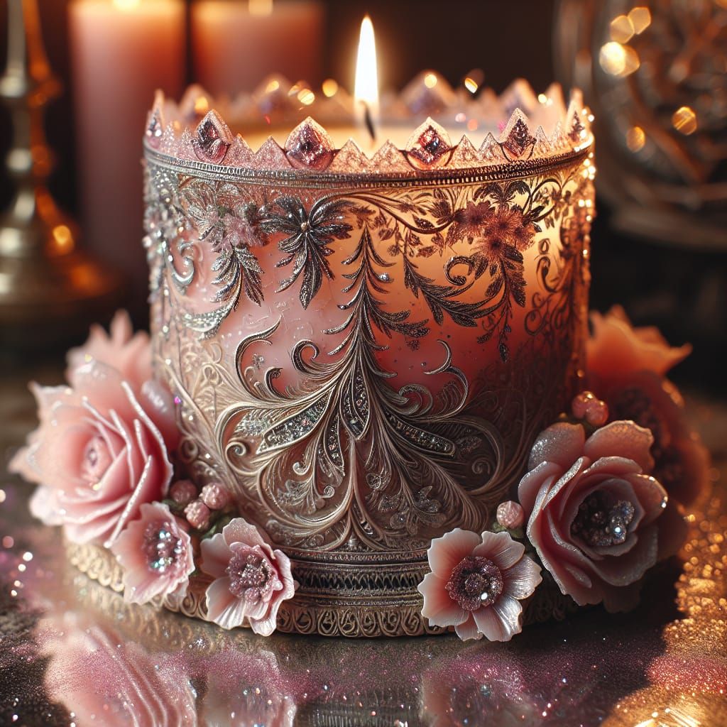 a decorative candle with pink flowers and glitter
