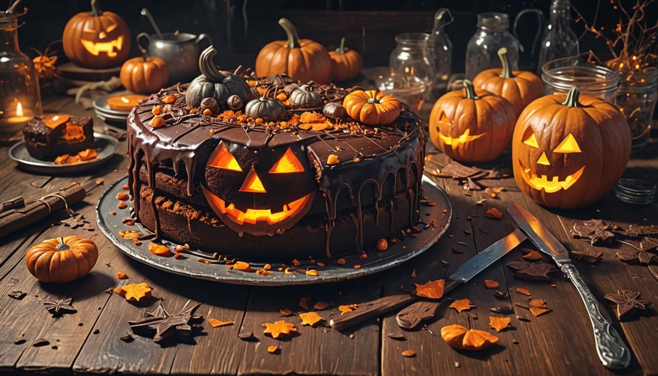 Creepy Jack-O-Lantern Cake in Glowing Kitchen