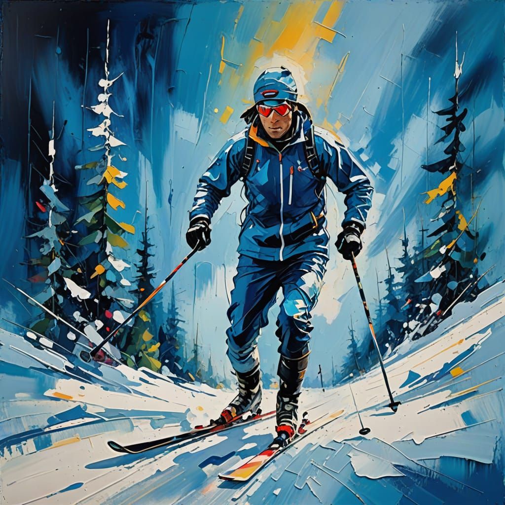 Abstract Expressionist Cross Country Skier in Blue