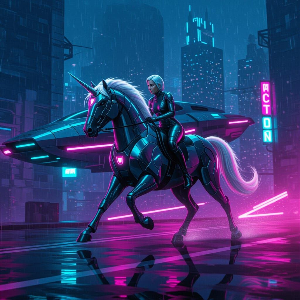 Cyberpunk Unicorn Assaults Airship in Neon Cityscape