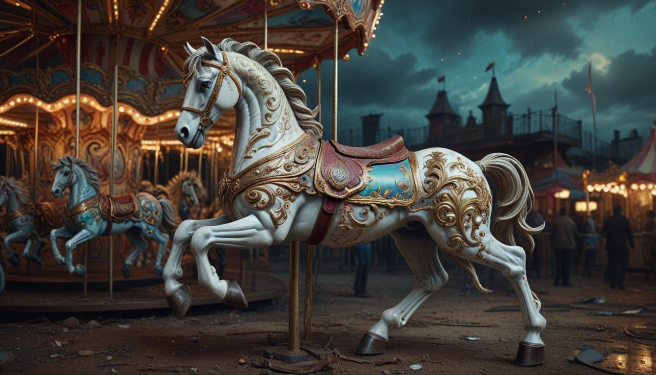 Abandoned Carousel Horse in Surreal Carnival