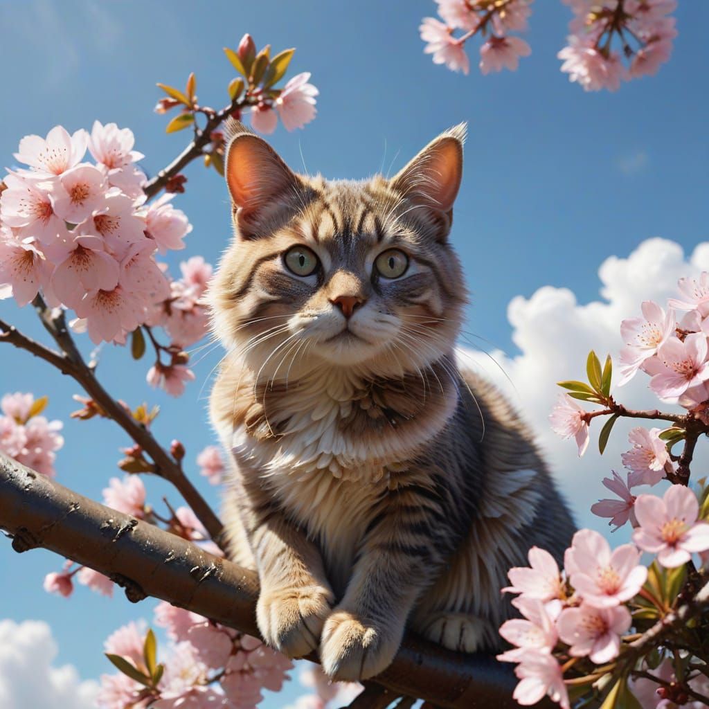 Vibrant Cherry Blossom Scene with Adorable Cat