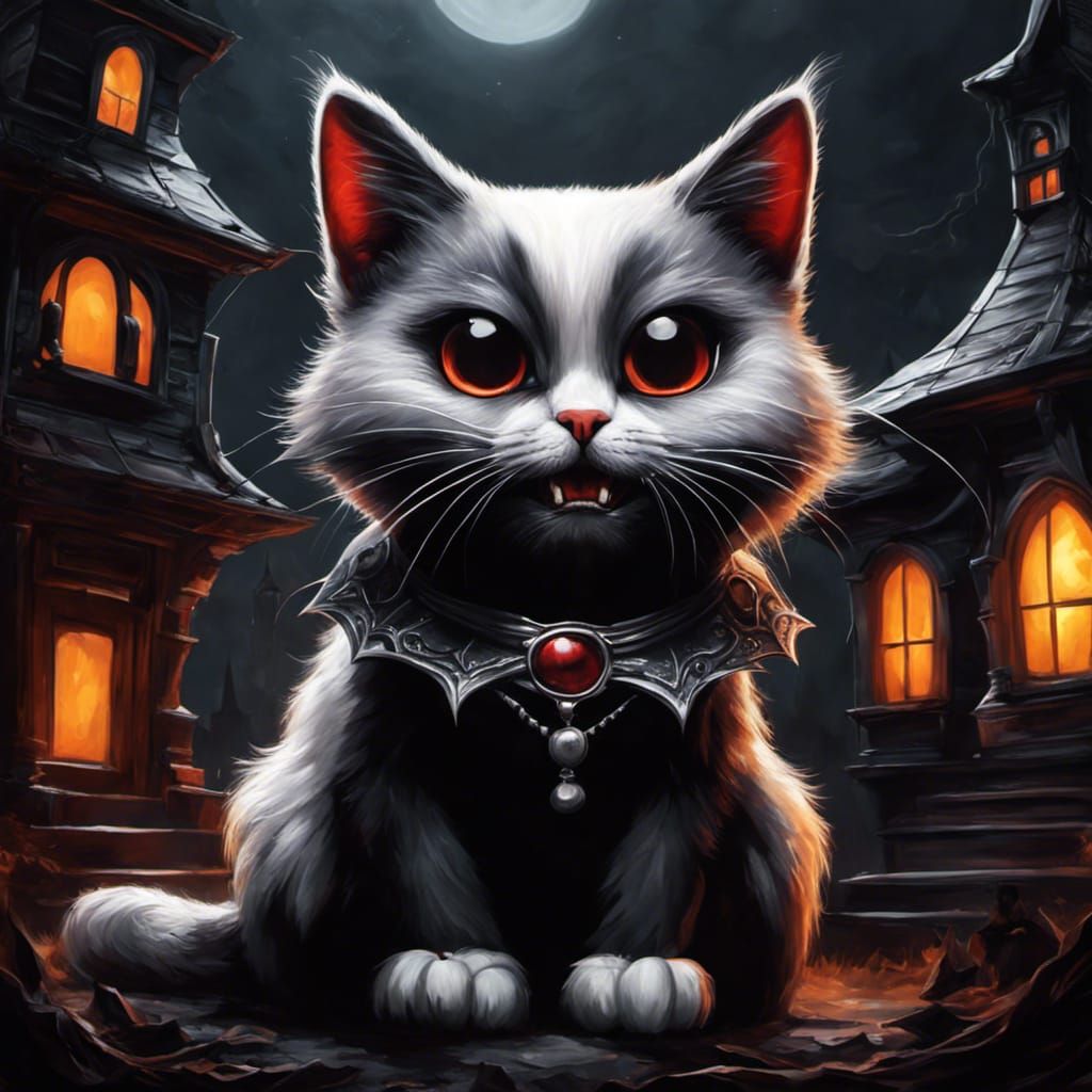 Adorable Vampire Cat in Halloween Fantasy Style