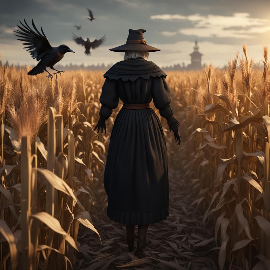 Cornfield Woman with Scarecrow, 3D Game Art