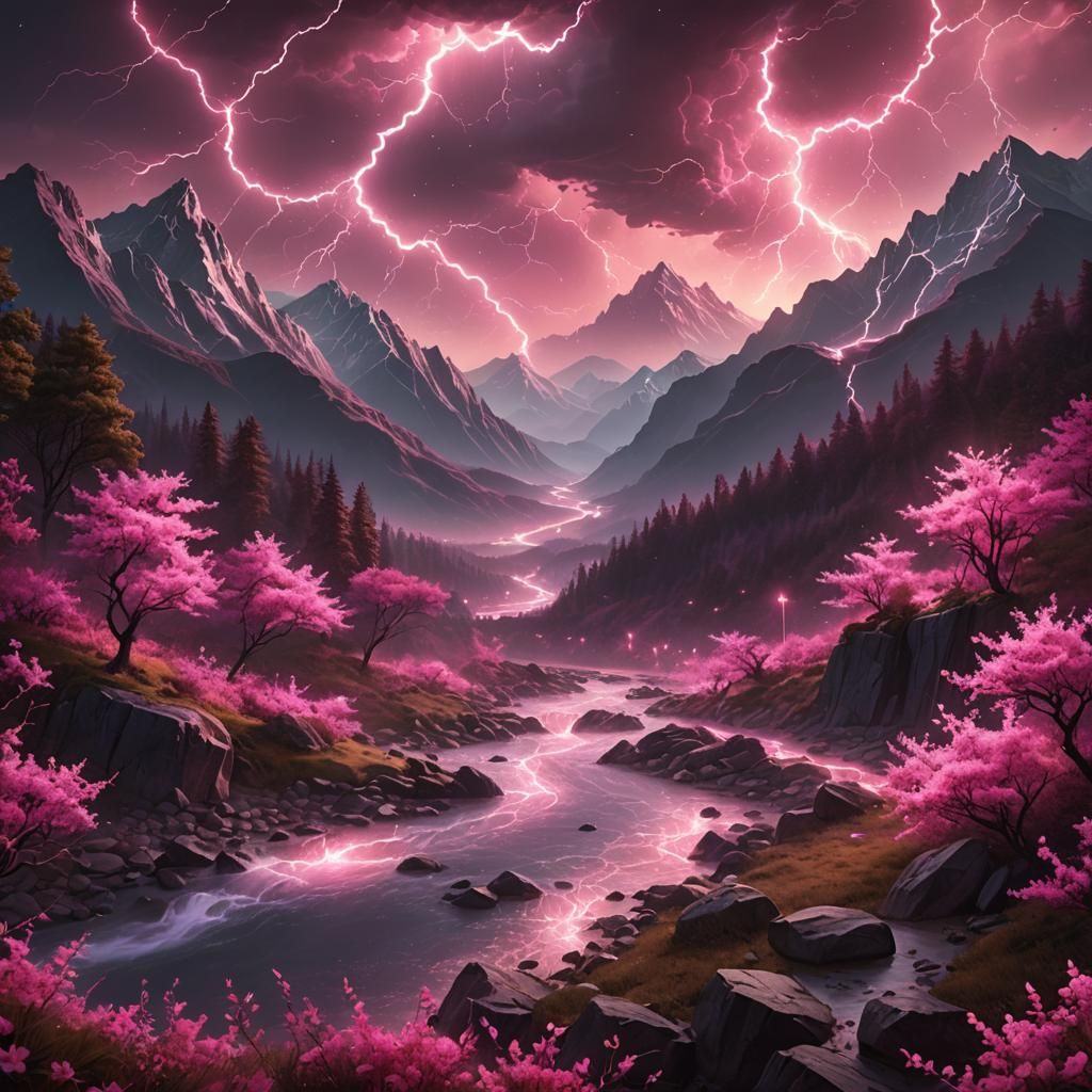 Surreal Pink Landscape with Luminescent Lights