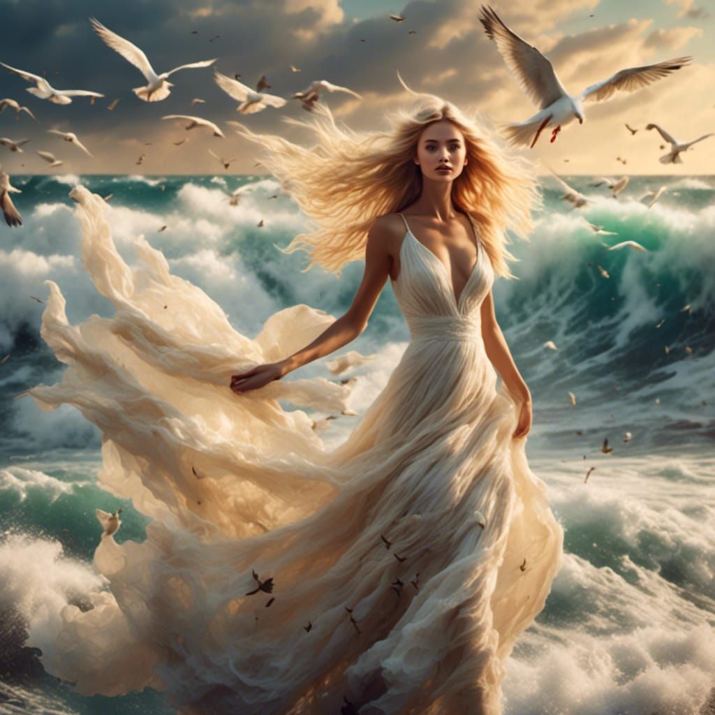 Blonde Girl Amidst Ocean Waves and Birds