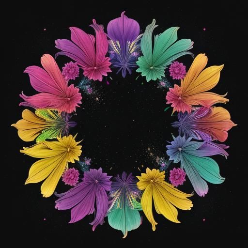 Rainbow Flowers Surround Crystal in 3D Illustration