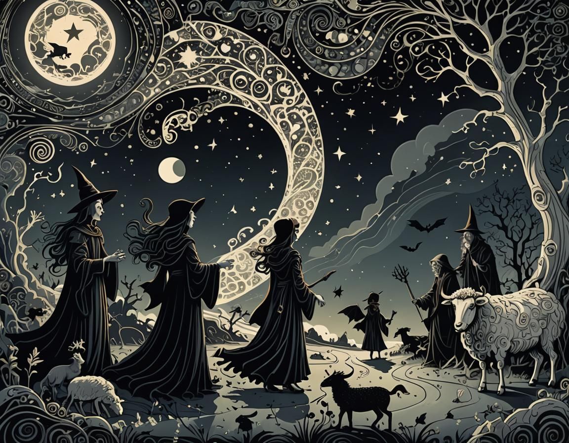 Surreal Halloween Nativity Scene with Vampire and Witch