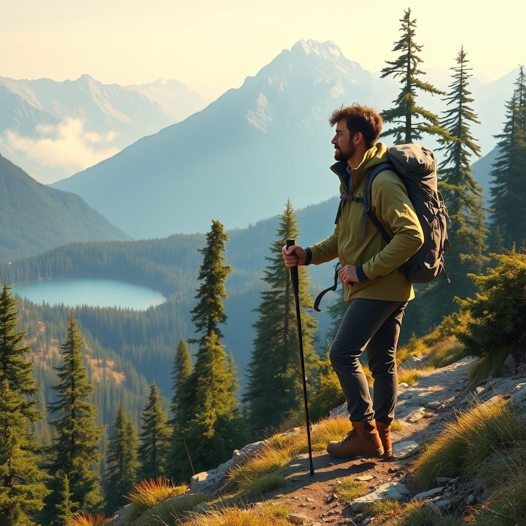 Hiker in a Serene Mountain Landscape