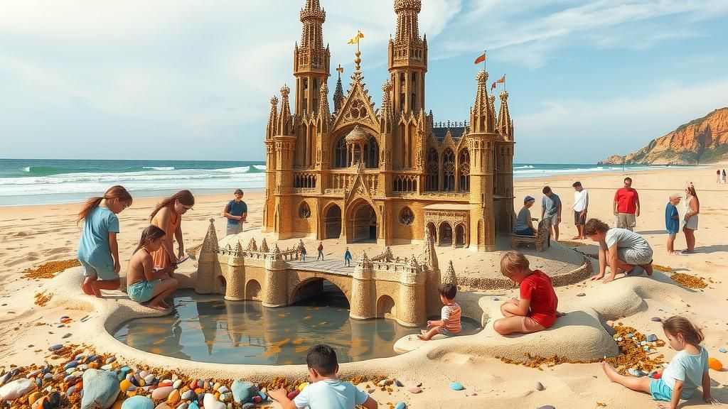 Gothic Sandcastle Inspired by Gaudí, Children at the Beach