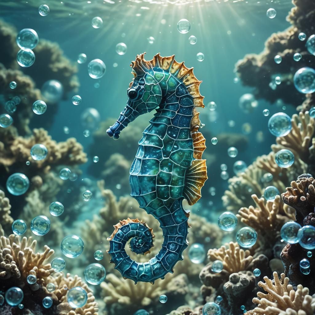 Blue Seahorse in Polynesian Lagoon with Bubbles