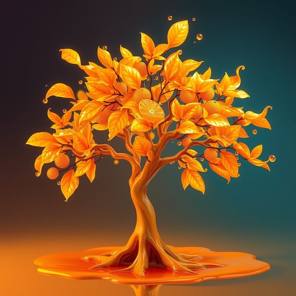 Hyperrealistic Orange Juice Tree with Pulp Leaves
