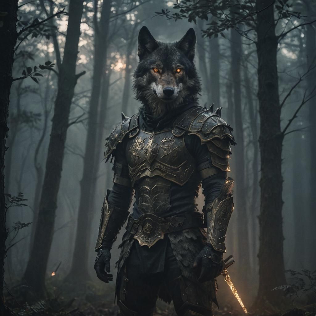 Armored Wolf-Man in Misty Forest: Dark Fantasy Portrait