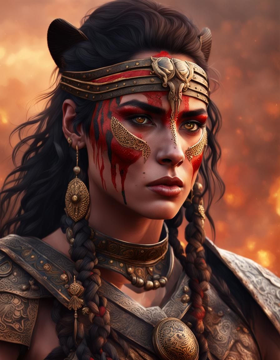 Warrior Princess with Cheetah Tattoo in Semi-Realism