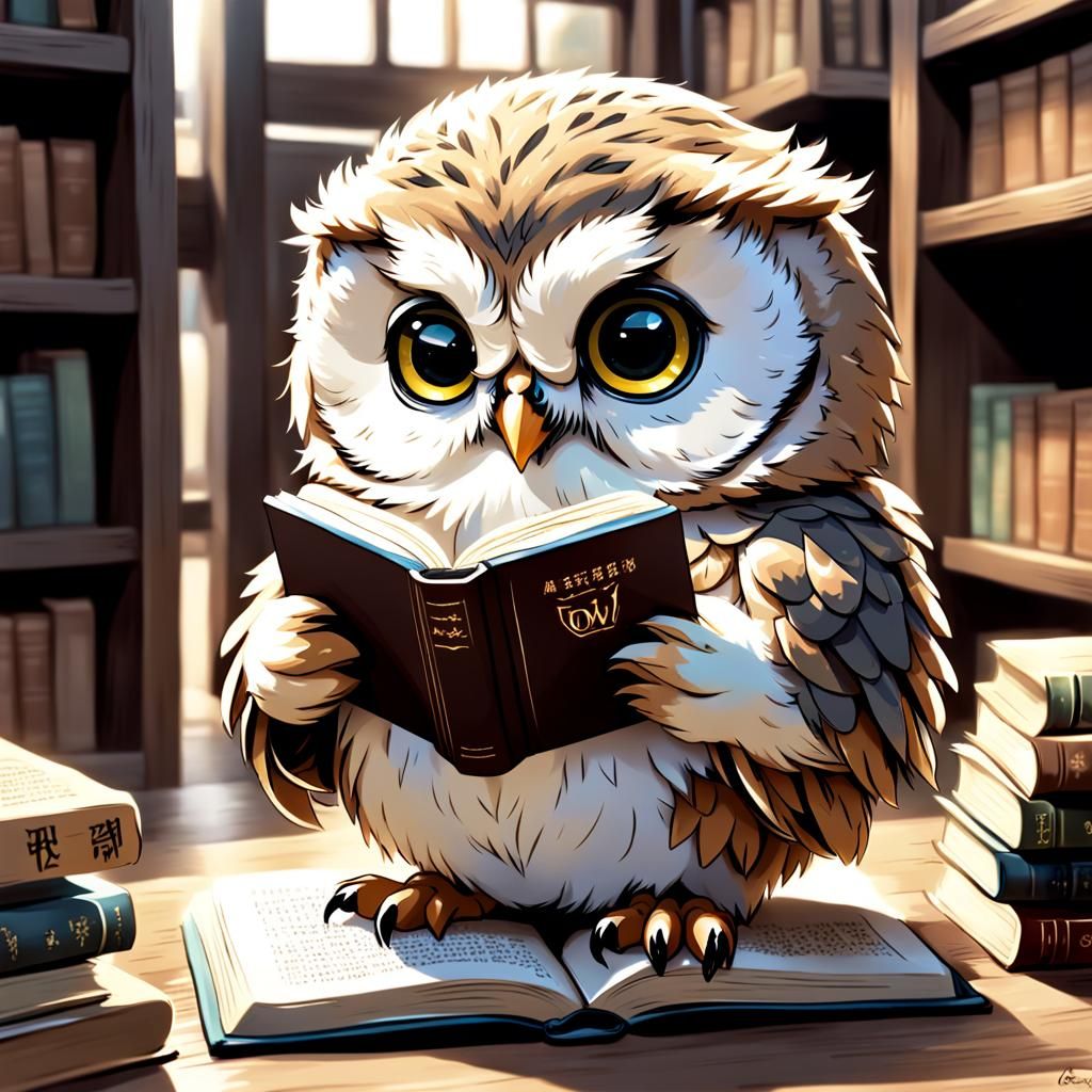 Adorable Baby Owl Reads Book in Anime Style