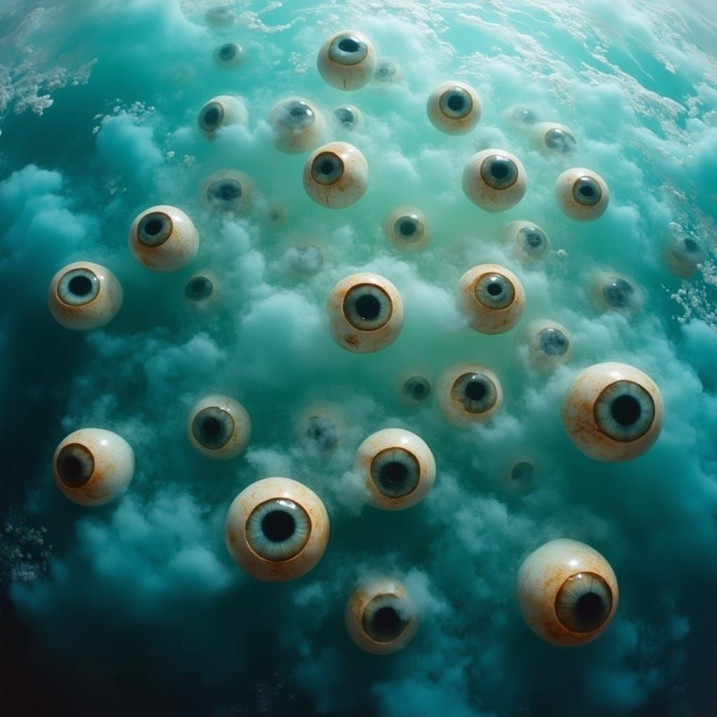 Surreal Multiverse of Iridescent Eyes Over Heavenly Waters