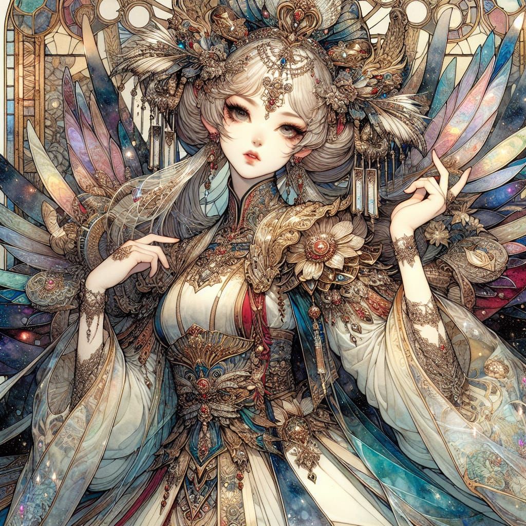 Ethereal Fantasy Maiden in Stained Glass-Inspired Anime Styl...