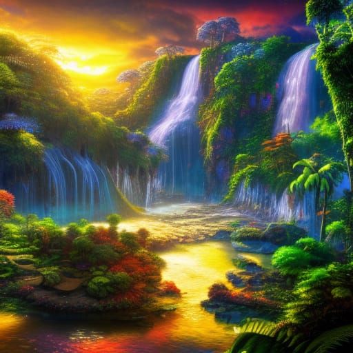 Sapphire Waterfall in Solarpunk Jungle at Sunset