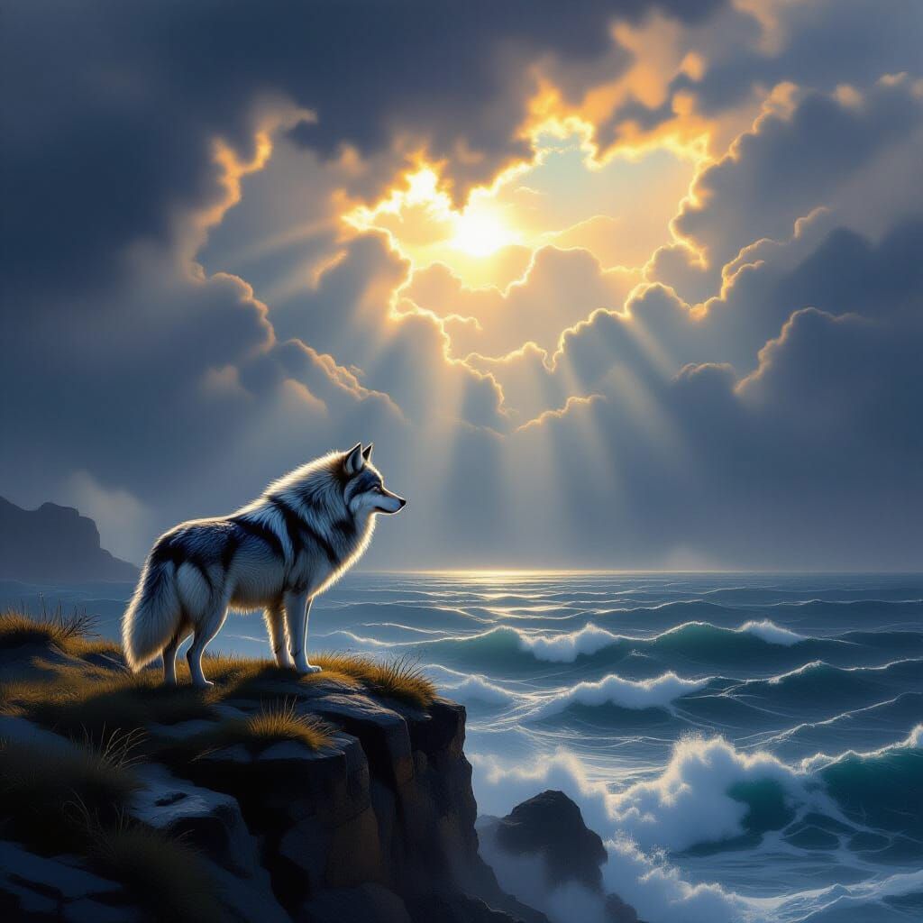 Lone Wolf on Cliff in Stormy Ocean, Ethereal Sunlight