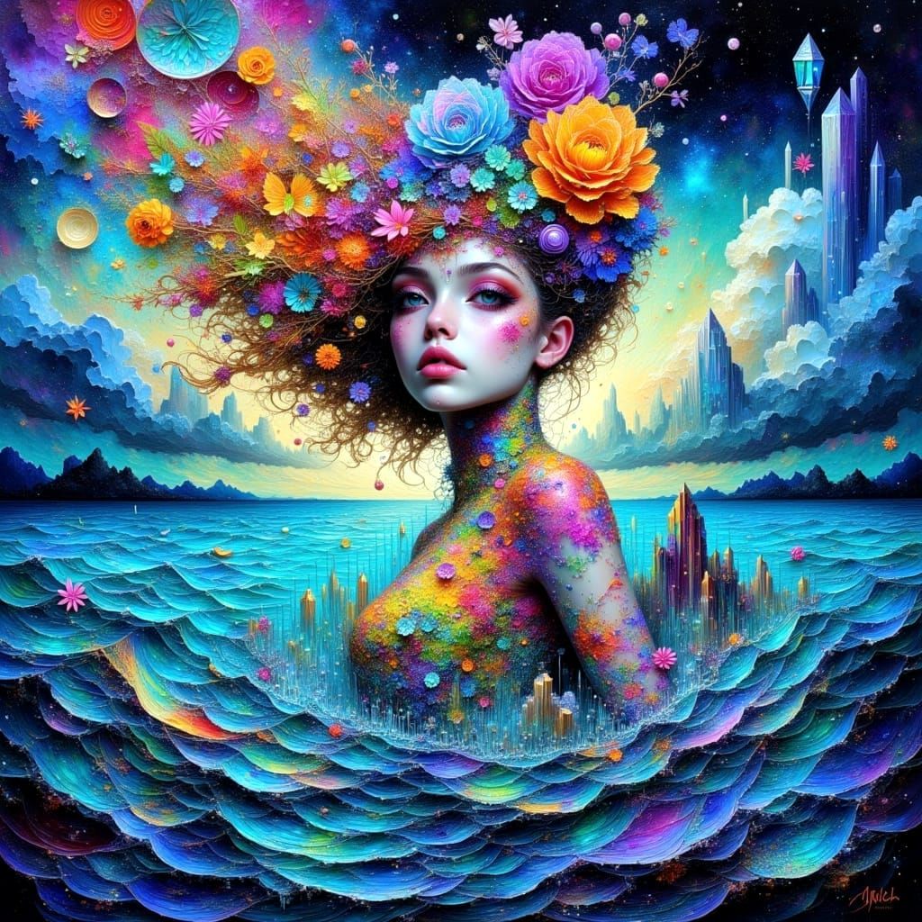 Dreamy Surreal Scene with Crystals, Impasto Oil Painting