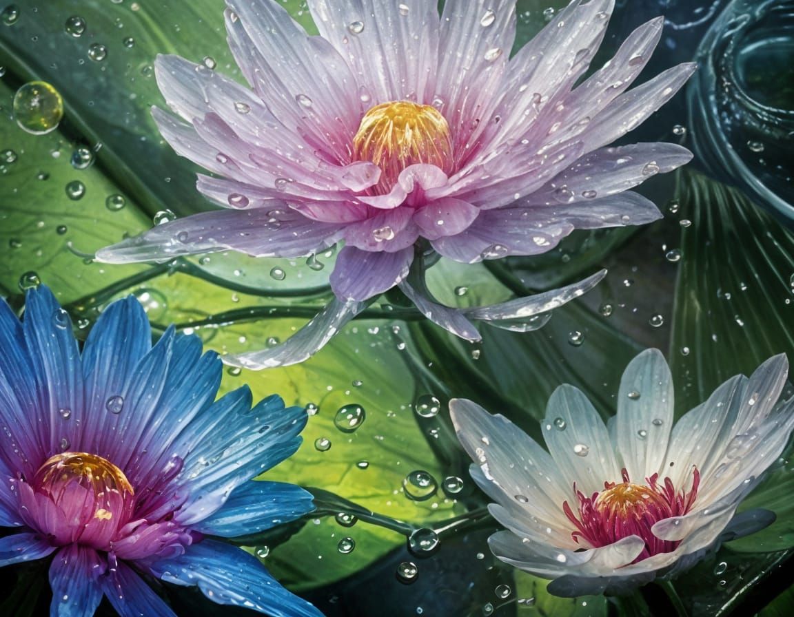 Iridescent Bubbles on Dewy Flowers in Sunlight